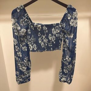 The Shore smocked sheer crop top in floral blue/white pattern! Size SMALL